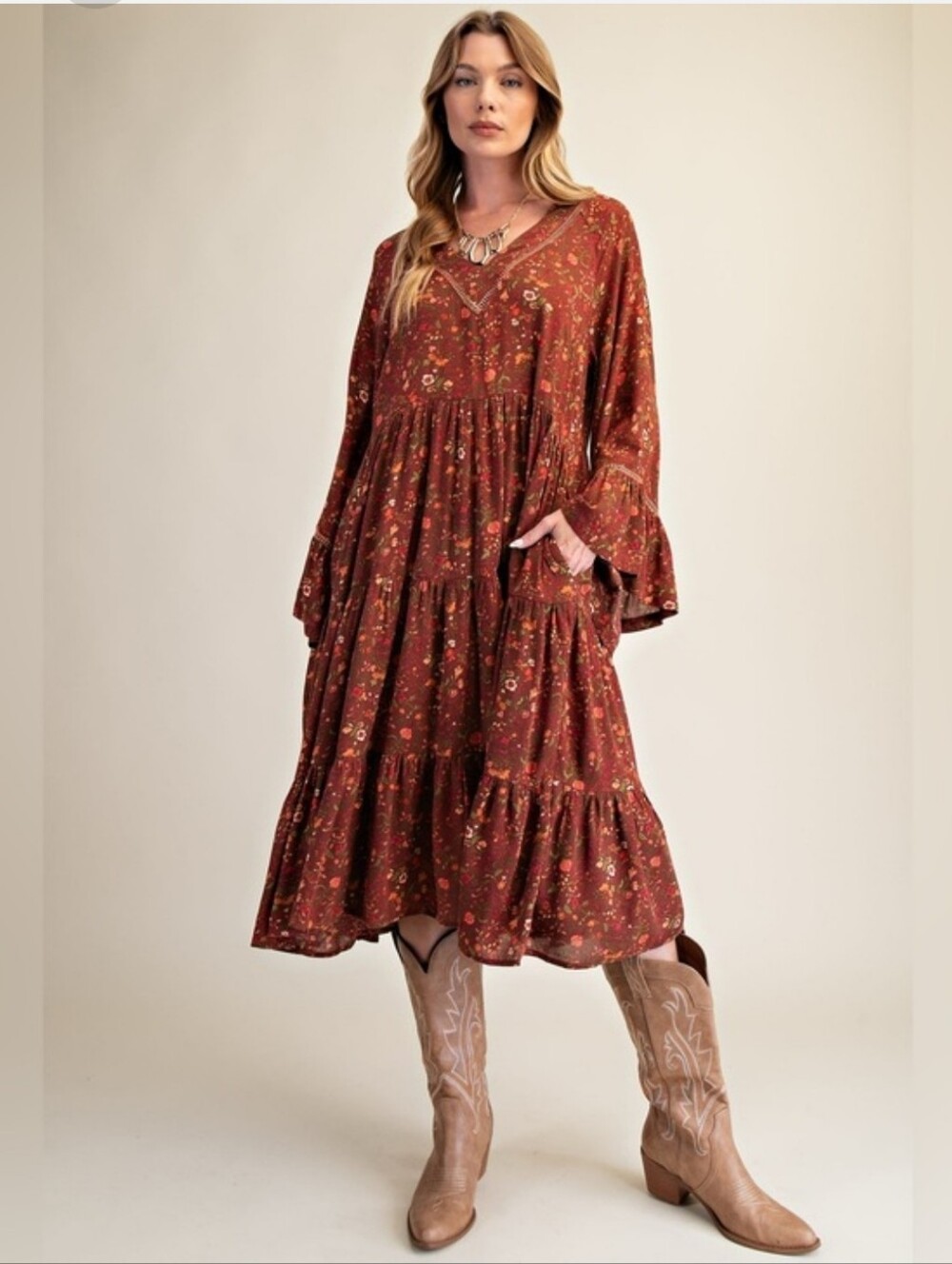 Easel Rust Floral 3 Tiered Boho Cottagecore Midi Dress with V-Neck